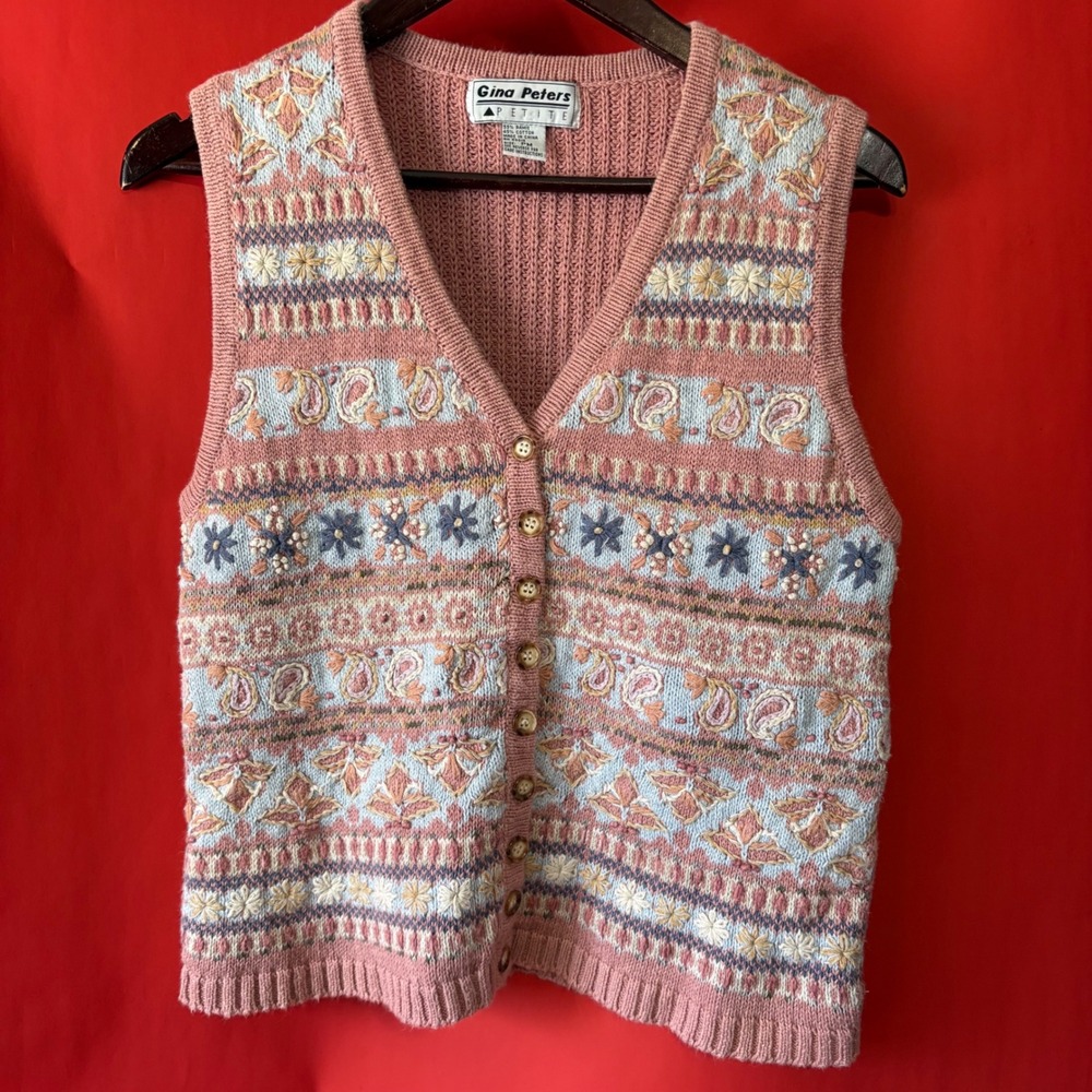 Gina Peters Petite Pink Fair Isle Floral Knit Button Front‎ Sweater Vest PM